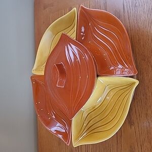CALIFORNIA POTTERY Vintage MCM Yellow & Burnt Orange Lazy Susan Serving Set